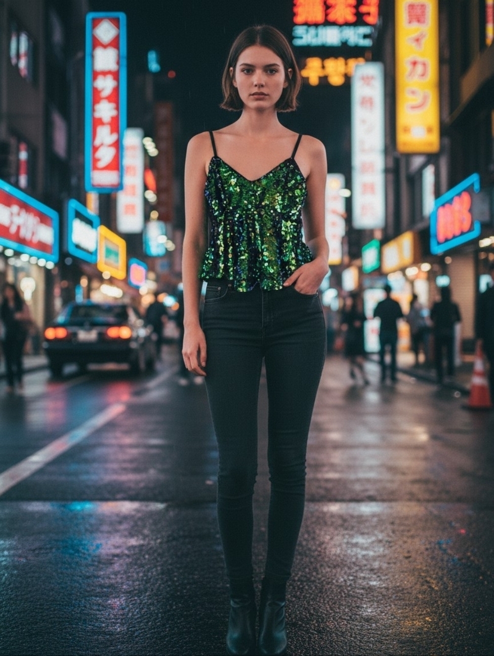 Guess Bling Sequin Peplum Cami Going Out Dopamine Top - Picture 5 of 5